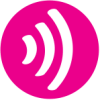 Pink and white sound wave graphic.