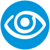Blue and white eyeball graphic.