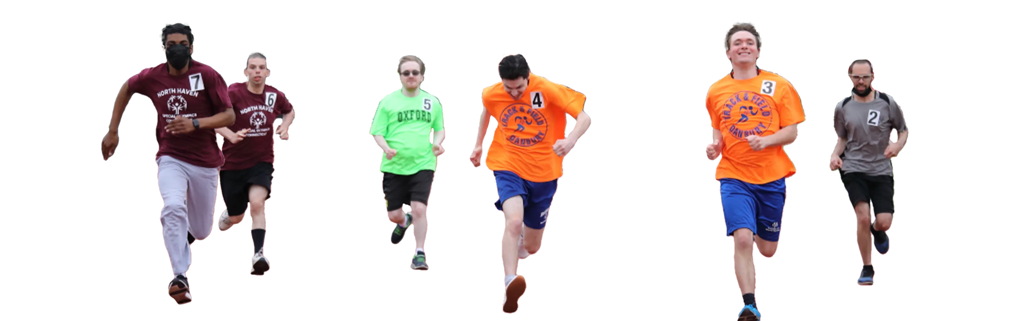 Two male athletes running. One is wearing a neon green t-shirt and the other is wearing a neon orange t-shirt.